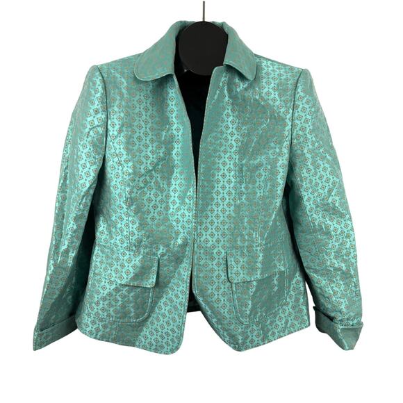 Linda Allard Ellen Tracy Blazer Damask Metallic Sea-Green Womens Sz 14 Lined - Picture 1 of 9
